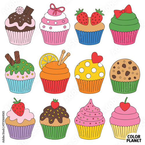 The seamless vector pattern showcases a cute set of sweet birthday desserts, including chocolate cakes and cherry cream cupcakes