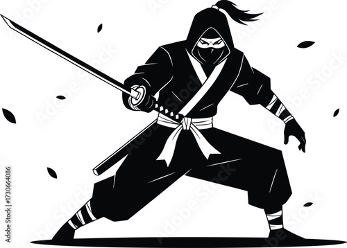 Flat vector, ninja silhouette, katana pose, martial arts, combat stance, hooded warrior, sword action, leaves, dynamic, white background