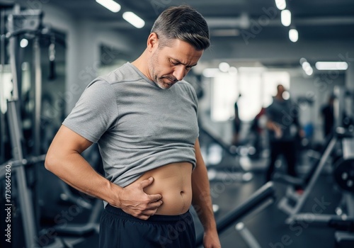 Middle-aged man with dad bod checking stomach at the gym