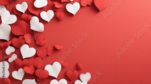 numerous heart shapes set against a scarlet backdrop with a nearby blank area for text on a white surface suitable for themes like love celebrations wellness or charity
