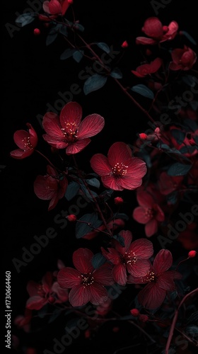 Dark red blossoms and buds on slender branches against a stark black background, showcasing rich texture and depth