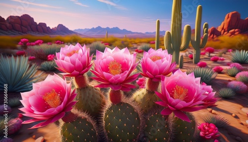 desert garden featuring vivid pink cactus blossoms