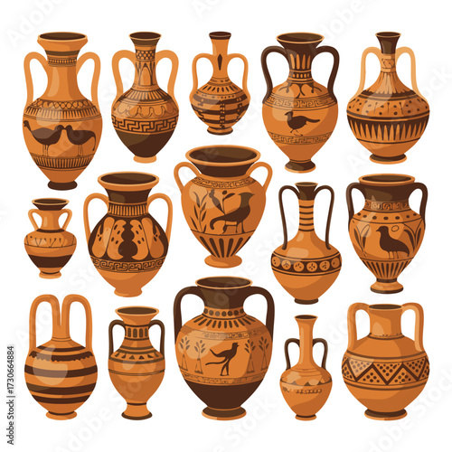 An ancient, isolated set of brown clay pottery and ceramic jugs, pots, and vases for traditional art decoration
