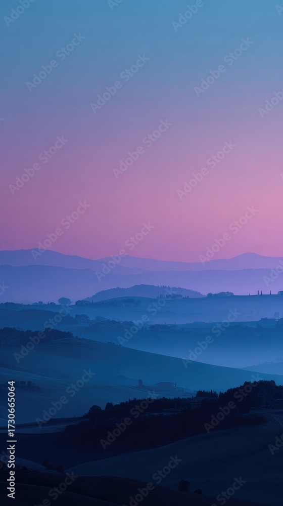 Fototapeta premium Dreamy, hazy twilight landscape of rolling hills and valleys bathed in soft pink and blue hues, creating a serene and ethereal atmosphere. The image features a soft focus and muted color palette