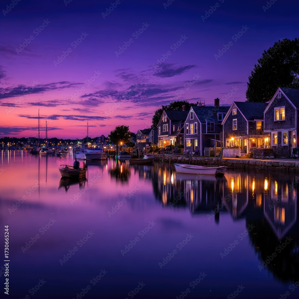Obraz premium Picturesque harbor town at twilight. Houses with dark gray siding reflect in still water, lit by warm interior lights. Purple-pink sunset sky. Small boats on the water