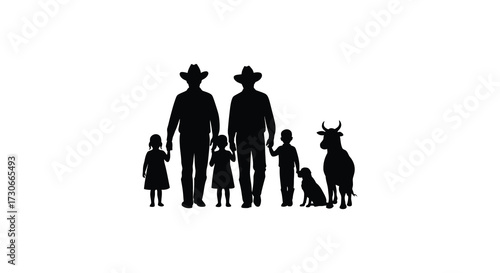Family with cattle and dog in a striking black silhouette