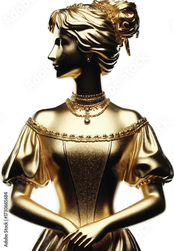 A golden statue of a woman in a period dress is captured in a profile view, with a necklace, ornate hair bun, and puffed sleeves on a white background.