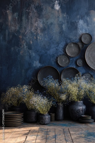 Wallpaper Mural Decorative floral arrangement with plates against blue wall background Torontodigital.ca