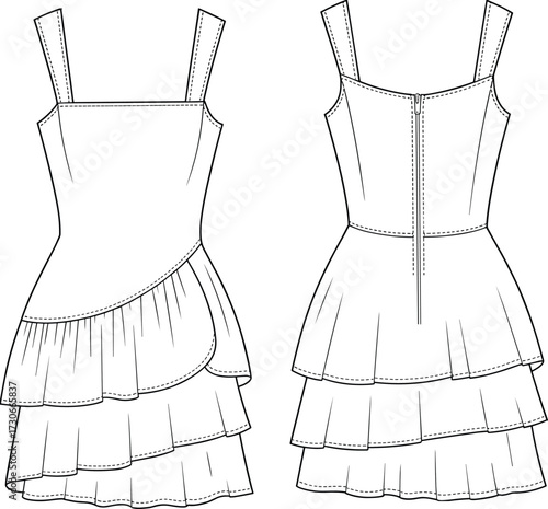 Cad drawing flat vector illustration of women asymmetrical layered ruffle sleeveless summer dress with back zipper fashion technical design template