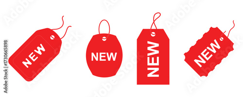 New product labels. Red stickers with "New" labels in price tag, circular badges and spark shape frames for sale, special offer and new arrival promotion.