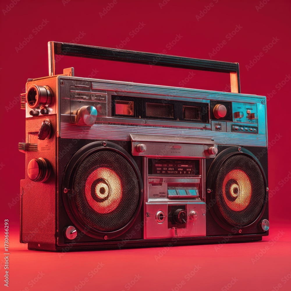 Fototapeta premium Retro boombox on vibrant red background (2)