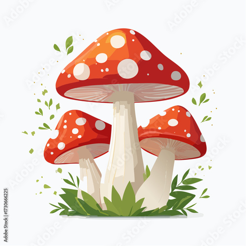 Mushroom trio: A vibrant close-up of a whimsical mushroom trio, with their bright red caps adorned with contrasting white spots, creating a cheerful and inviting ambiance.