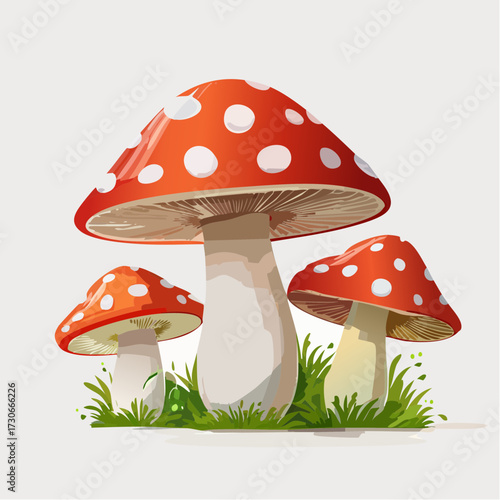 Mushroom trio: A vibrant close-up of a whimsical mushroom trio, with their bright red caps adorned with contrasting white spots, creating a cheerful and inviting ambiance.