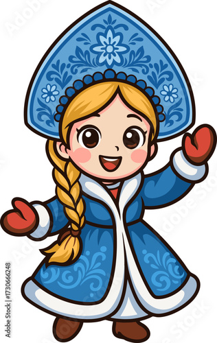 Cute Snow Maiden in blue winter coat and kokoshnik headdress, traditional Slavic Christmas and New Year’s character.