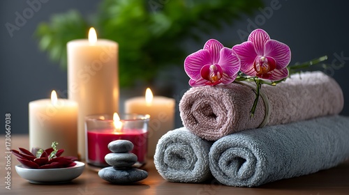 Relaxing Spa Arrangement with Towels, Candles, Stones, and Flowers in Soft Lighting