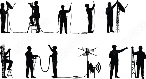Silhouette vector illustration of technicians installing satellite dishes, antennas, and cables, showcasing telecommunication workers maintaining broadcasting and communication infrastructure.