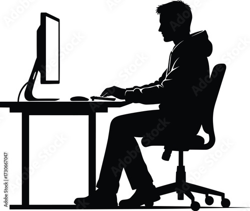Silhouette of man at desk, computer usage, office work, focused, sitting, monitor, chair, side view, productivity, vector, white background