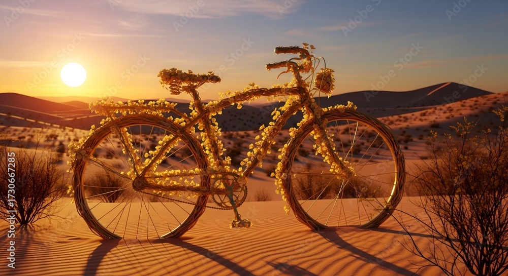 Fototapeta premium Vintage bicycle resting on sand dunes at sunset with golden light