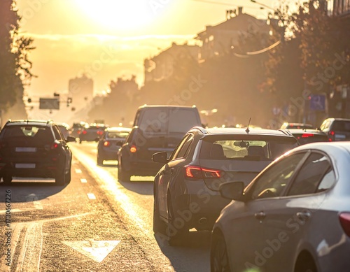 City street traffic at sunset