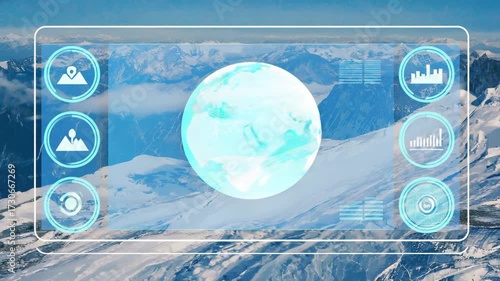 Transparent Digital Display Overlaying Snowy Mountain Landscape mountains nature