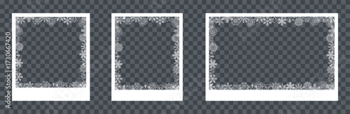 Snowflake photo frame set, snow Christmas decoration, white frame with snowflakes inside, ice border, card border from many snowflakes