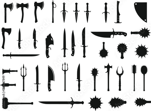 Medieval weapon silhouettes, fantasy blades, black icons, swords, axes, daggers, tridents, maces, game assets, historical combat tools, vector set
