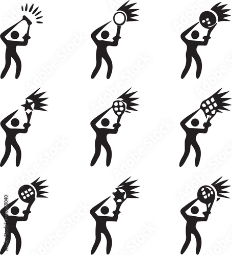Stick Figure Icons of People Holding Objects Emitting Light or Energy on a White Background illustration