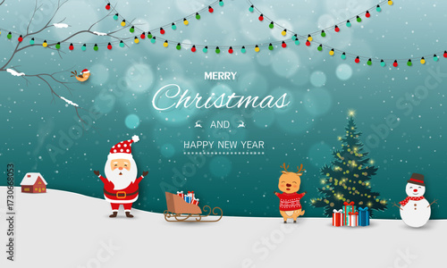 Merry Christmas and Happy new year background with cute Santa Claus and friends celebrate party on winter night