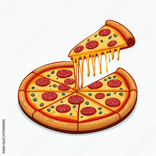A delicious pepperoni pizza with a slice being lifted, showcasing strings of melted cheese and scattered pepperoni pieces.