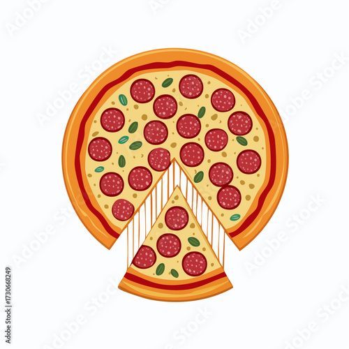 A delicious pepperoni pizza with a slice being lifted, showcasing strings of melted cheese and scattered pepperoni pieces.