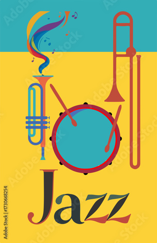 Jazz concert poster with drums, trumpet and clarinet