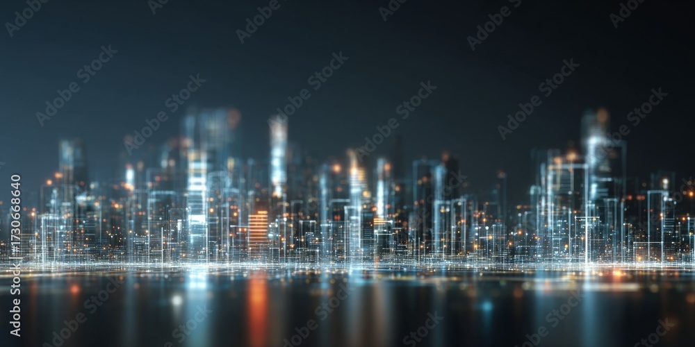 Obraz premium Futuristic Cityscape at Night with Glowing Lights and Digital Data Overlays Representing Technology and Innovation in a Modern Urban Environment