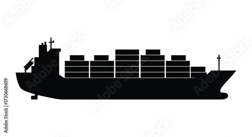 Detailed black container ship graphic illustration a striking maritime silhouette