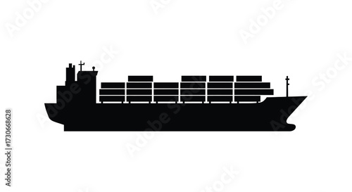 Large cargo ship against a white background a striking black silhouette