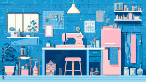 Colorful sewing room interior with pink sewing machine, blue walls, handmade supplies, and decorative storage, representing creative workspace and DIY lifestyle