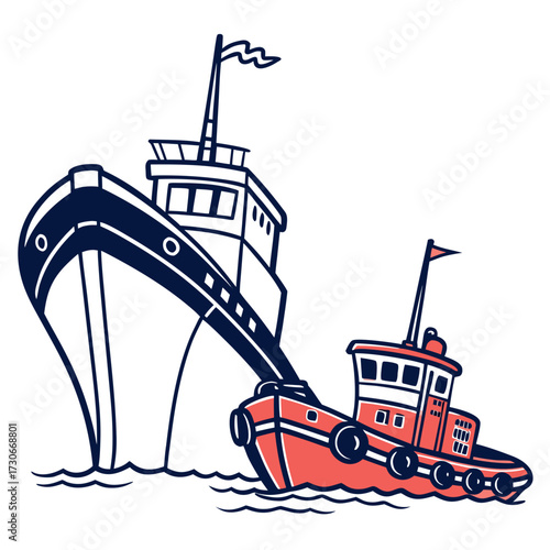 A large cargo ship being assisted by a small bright red tugboat on the water