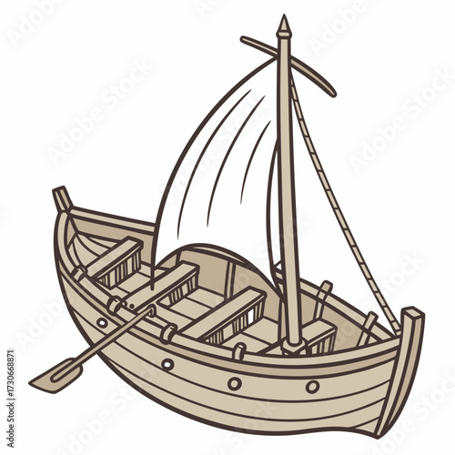 A simple cartoon illustration of a wooden rowboat with a single sail and an oar on a white background