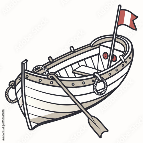 A simple cartoon illustration of a wooden rowboat with oars and a red and white striped flag