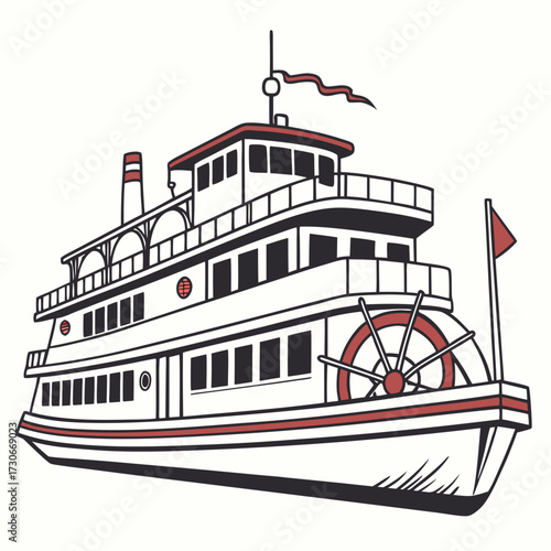 Classic paddlewheel steamboat illustration with red accents and a flag against a white background