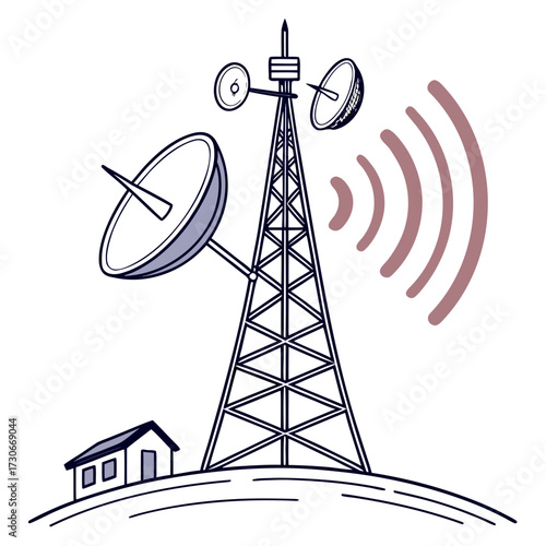 Communication tower with satellite dishes and signal waves broadcasting to a small house on a hill