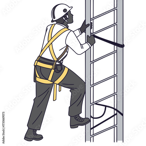 Construction worker wearing safety harness and helmet climbing a metal ladder on a white background