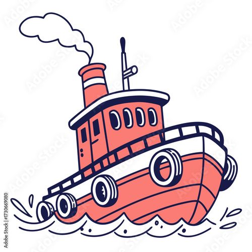 Cute cartoon tugboat with smoke coming from its chimney sailing on wavy blue water