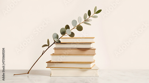 Stack of books with green branch on minimalist background