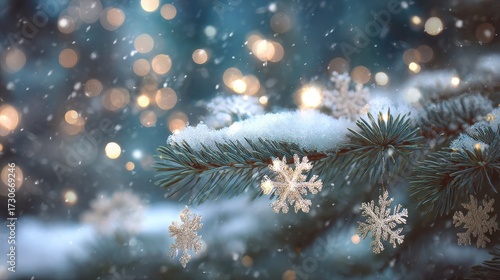 Wallpaper Mural a snowcovered fir branch with snowflake ornaments and soft bokeh lights creates a magical winter scene evoking the festive spirit of christmas Torontodigital.ca