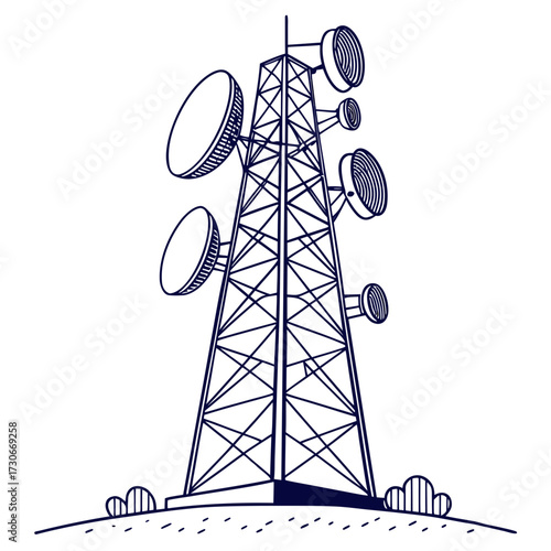 Hand drawn sketch of a telecommunications tower with multiple dish antennas and broadcasting equipment on a white background