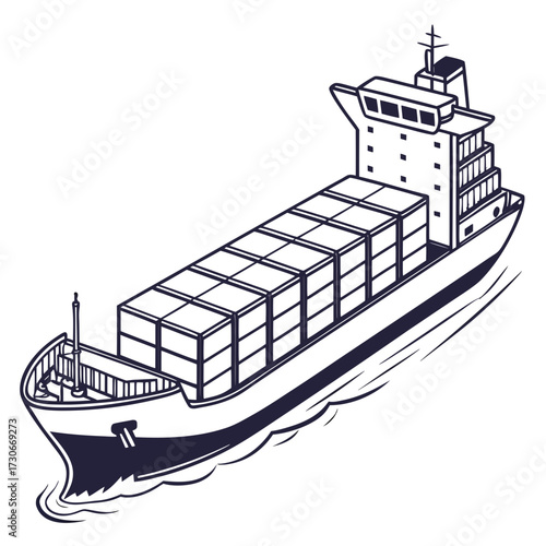 Illustration of a large cargo ship carrying many containers sailing on the ocean waves