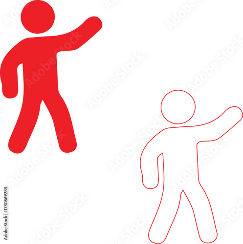 Red and outlined stick figures raising hands symbolizing cooperation and teamwork on white backdrop