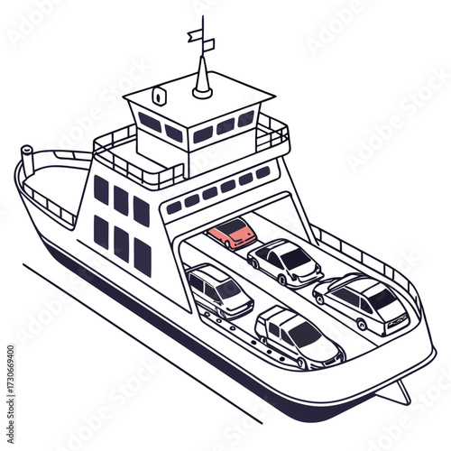 Isometric illustration of a car ferry carrying multiple vehicles across the water with one distinctive red car