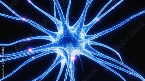 Detailed Blue Neuron Cell with Pulsating Pink Lights brain science