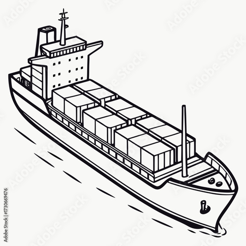 Line art illustration of a cargo ship carrying containers sailing on the ocean waves
